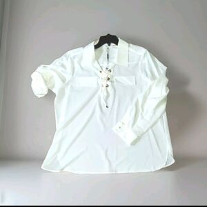 Calvin Klein Adjustable Legnth Sleeve faux pocket drawstring front blouse
